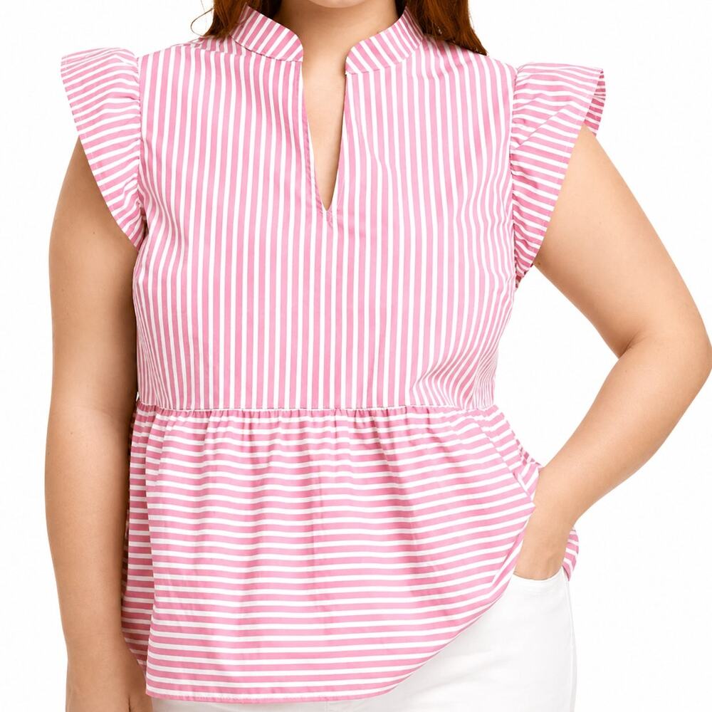 Draper James Penelope Top 1X Pink White Stripe Ruffle Sleeve Peplum Plus Size